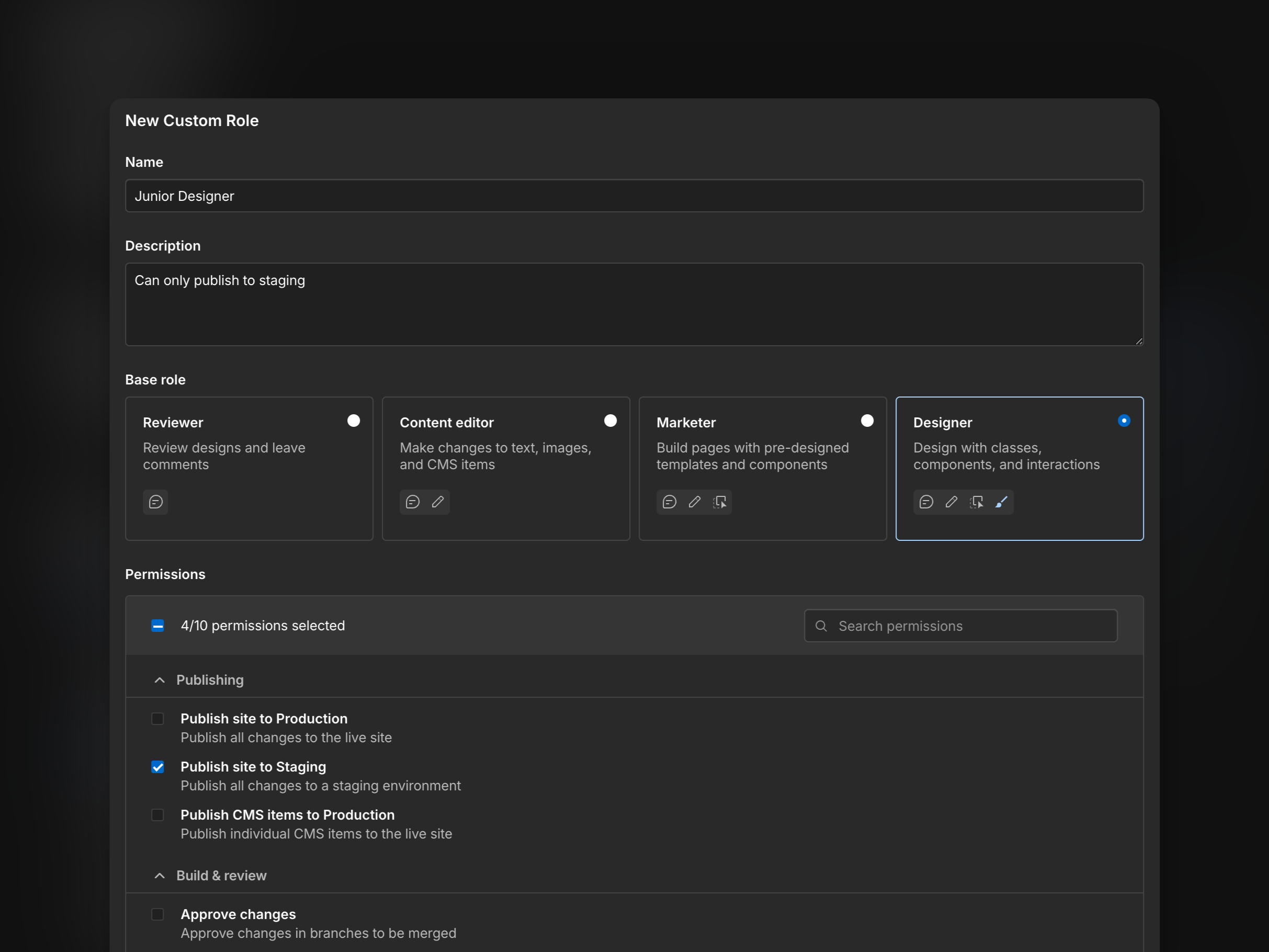 Webflow Custom Roles interface