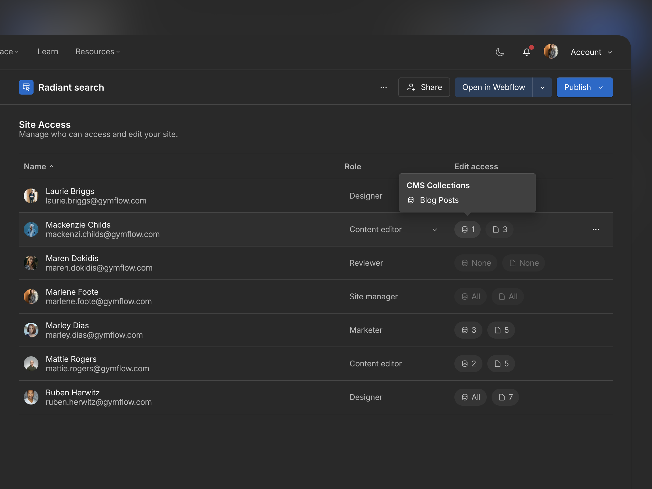 Webflow Granular Access Control interface